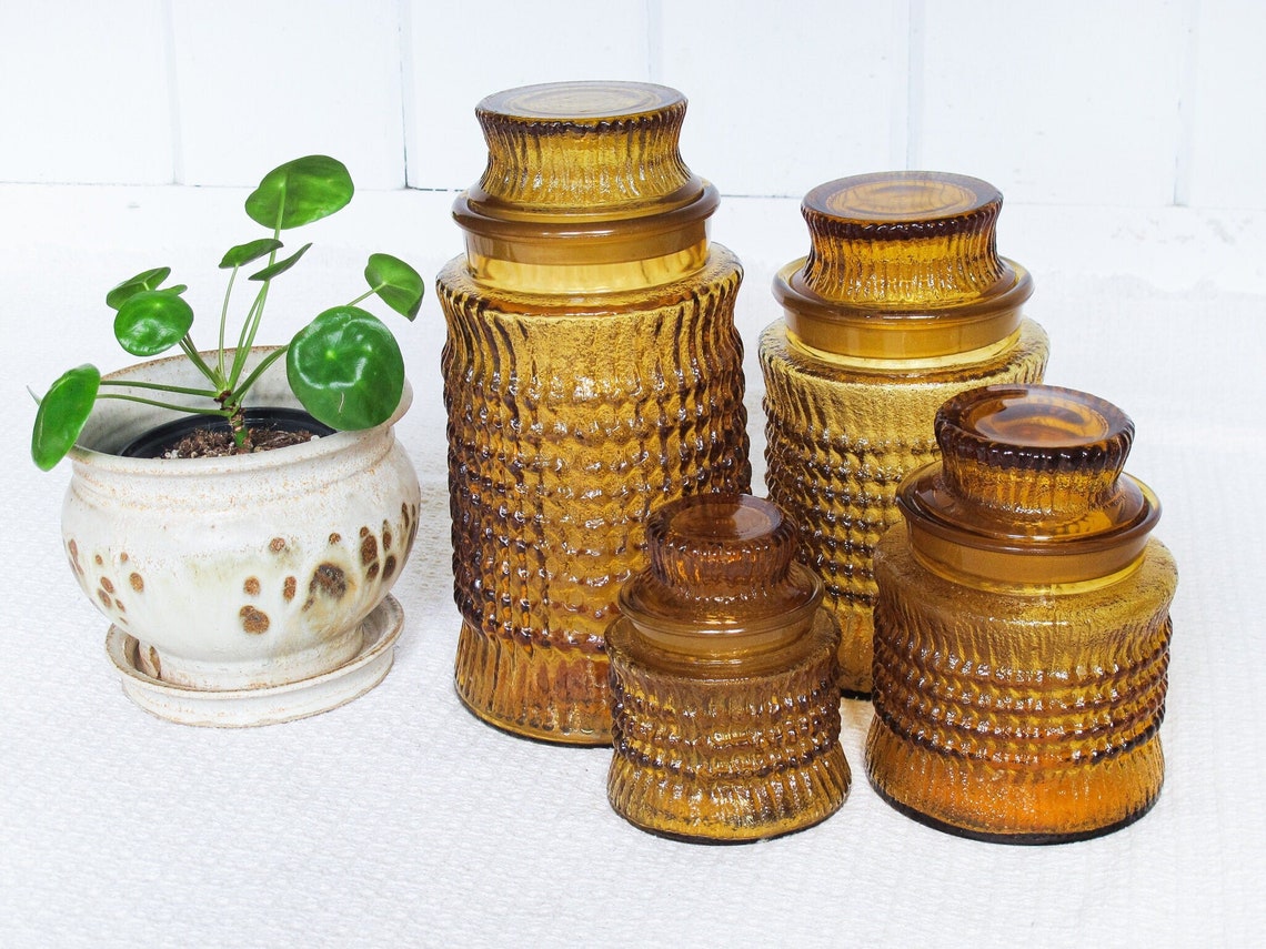 Amber Glass Kitchen Canister Set of Four Etsy