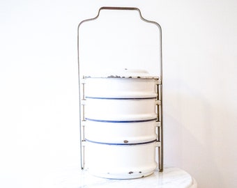 Swedish White Enamel Stacking Canisters with Metal Organizing Rack