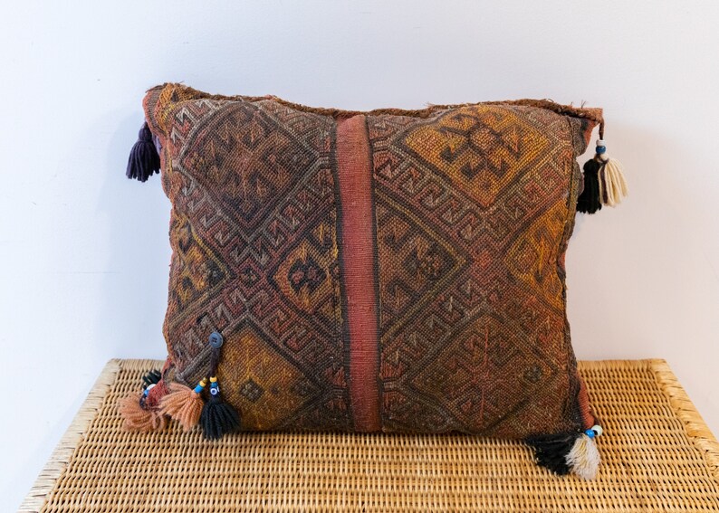 Kilim Pillow from Turkey with Glass Beads and Pom Poms image 5