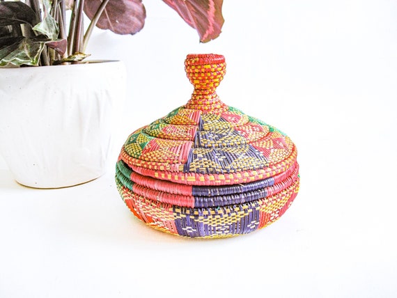 African Basket with Lid in Lavender, Sea Foam Gre… - image 3