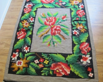 Antique Floral Kilim Style Hand Woven Rug / Blanket -  Made in the Ukraine