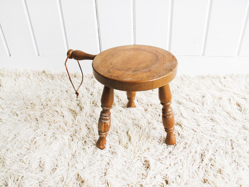 Wood plant Stand Milk Stool with Leather Handle image 5