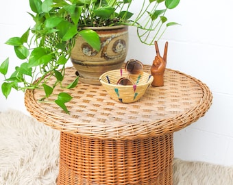 Rattan Wicker Drum Side Table - Made in Yugoslavia