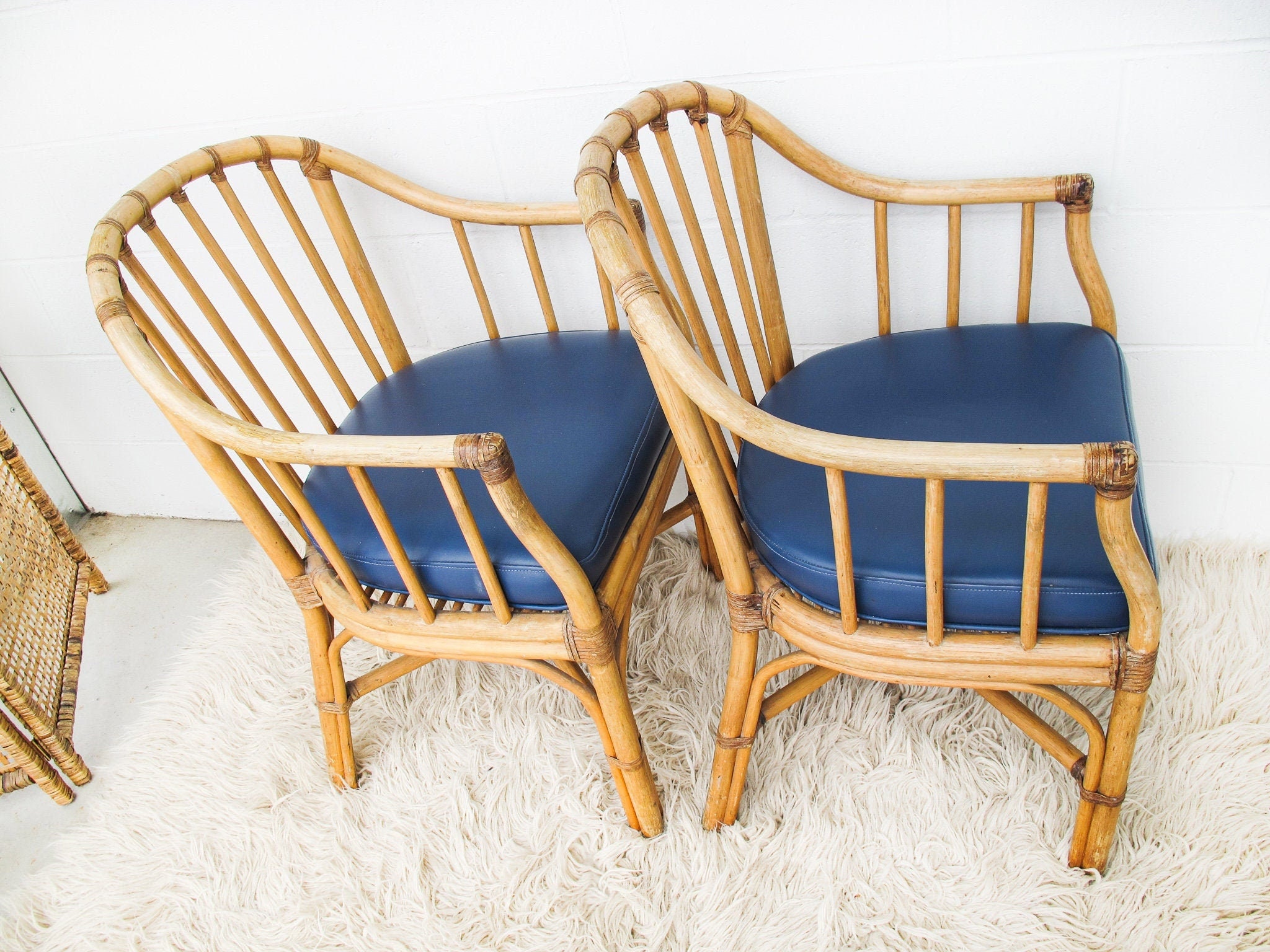 Bamboo Chair Set With Blue Faux Leather Seat Cushions -  Israel