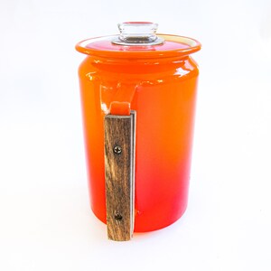 Midcentury Modern Orange Ombre Enamelware Metal Coffee Percolator with Wood Handle and Glass Top Accenting image 6