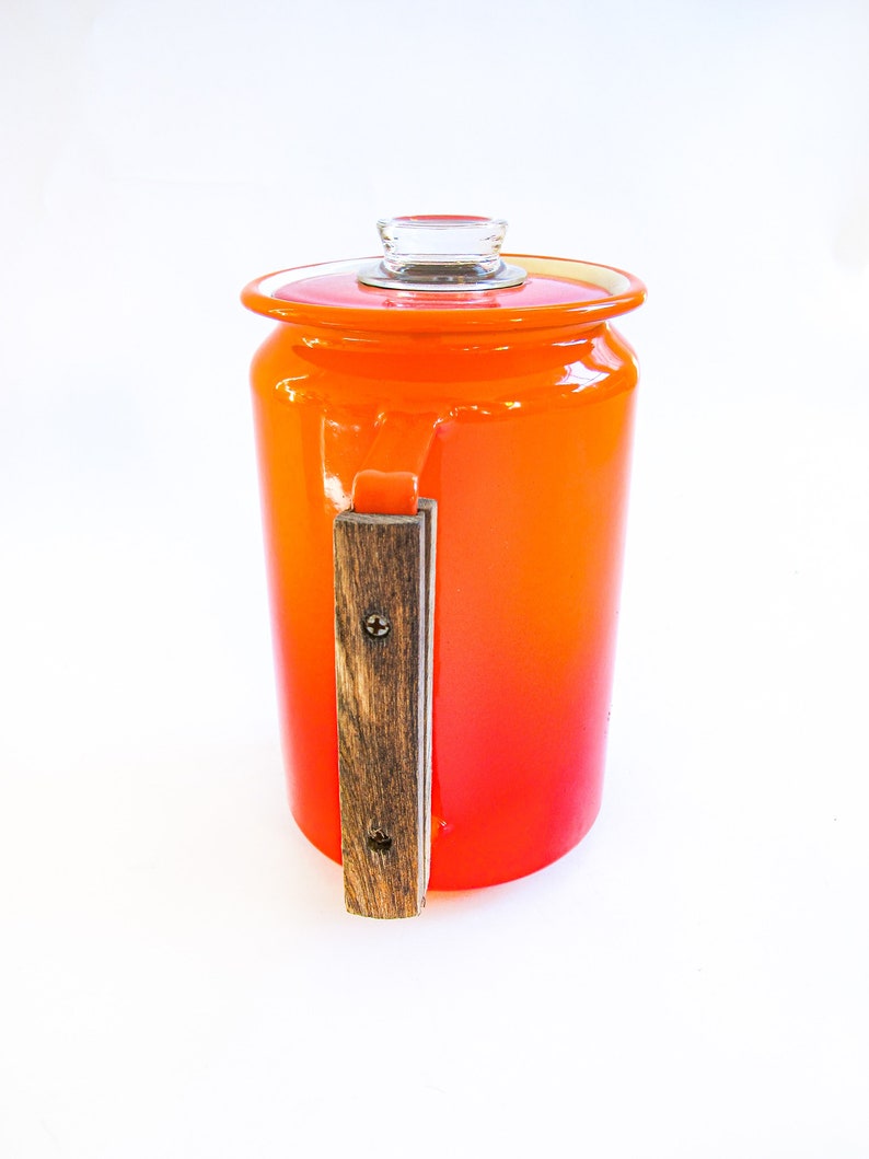 Midcentury Modern Orange Ombre Enamelware Metal Coffee Percolator with Wood Handle and Glass Top Accenting image 6
