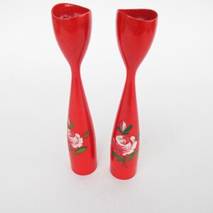 Set of 2 Midcentury Red Candlesticks with Floral painted detailing Marked Denmark image 10