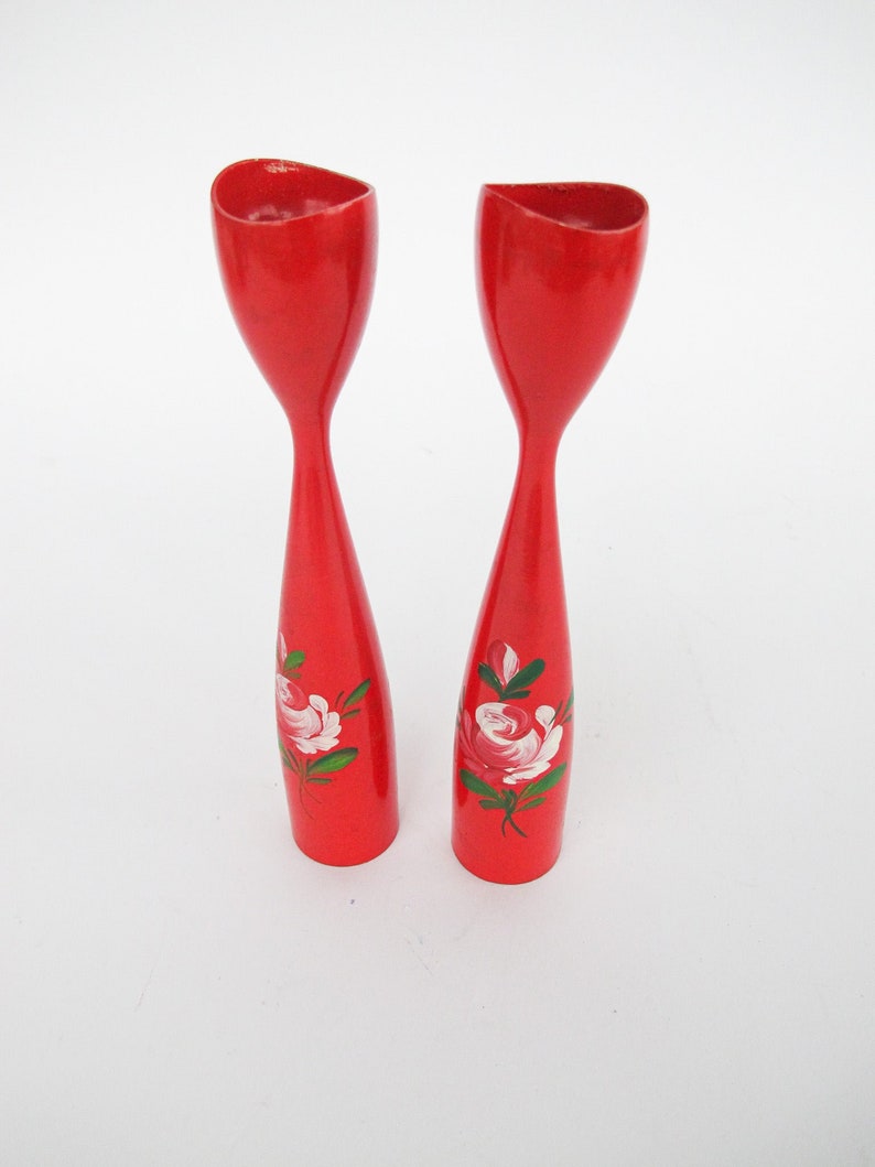 Set of 2 Midcentury Red Candlesticks with Floral painted detailing Marked Denmark image 10