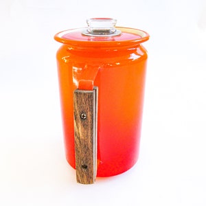Midcentury Modern Orange Ombre Enamelware Metal Coffee Percolator with Wood Handle and Glass Top Accenting image 5