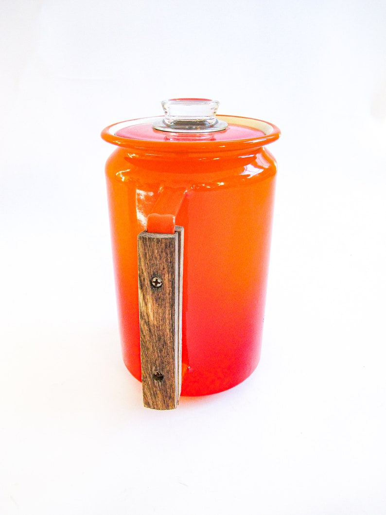 Midcentury Modern Orange Ombre Enamelware Metal Coffee Percolator with Wood Handle and Glass Top Accenting image 5