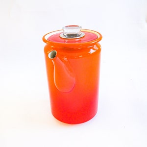 Midcentury Modern Orange Ombre Enamelware Metal Coffee Percolator with Wood Handle and Glass Top Accenting image 3