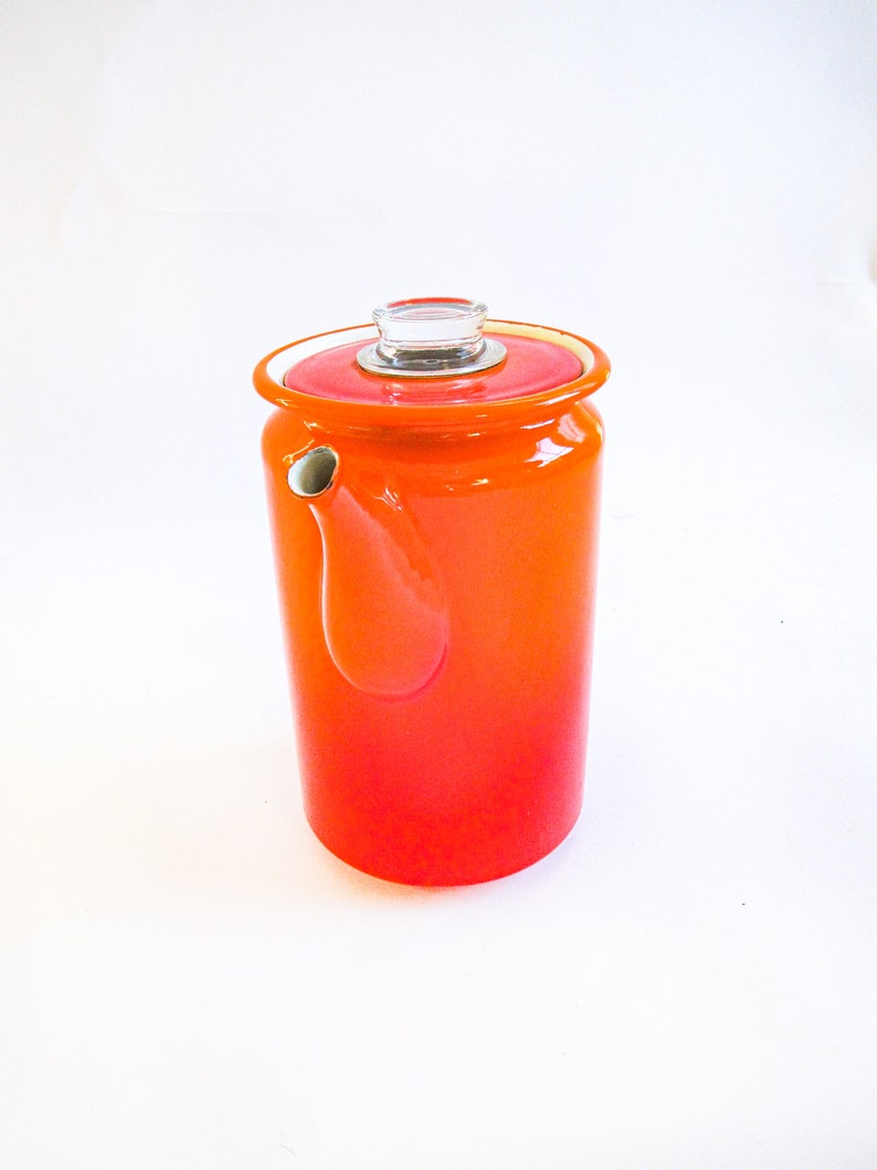 Midcentury Modern Orange Ombre Enamelware Metal Coffee Percolator with Wood Handle and Glass Top Accenting image 3