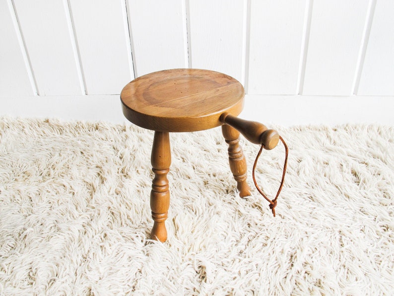 Wood plant Stand Milk Stool with Leather Handle image 3