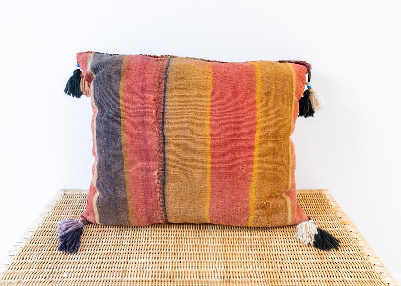 Kilim Pillow from Turkey with Glass Beads and Pom Poms image 7