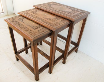 Set of 3 Teak Rosewood Nesting Brass Inlay Tables from India