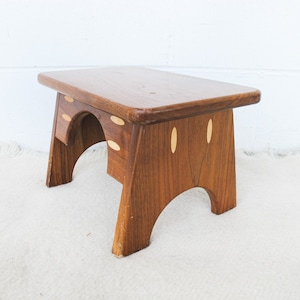 Small Wood Stool with Inlay Detail Block Carved Legs image 5