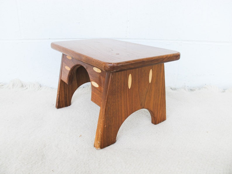 Small Wood Stool with Inlay Detail Block Carved Legs image 5