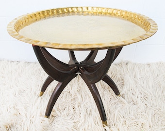 Brass Tray Top Spider Table with Wooden Base