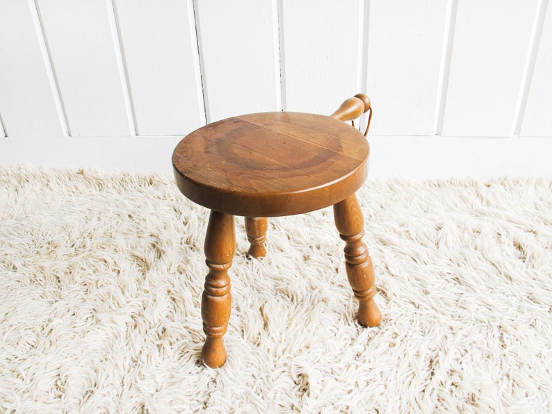 Wood plant Stand Milk Stool with Leather Handle image 4