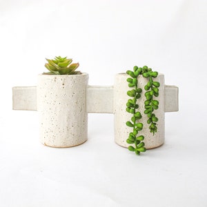 Puede incluir: Dos macetas de cerámica blanca con una barra transversal que las conecta. La maceta de la izquierda tiene una pequeña planta suculenta verde. La maceta de la derecha tiene una planta verde colgante.