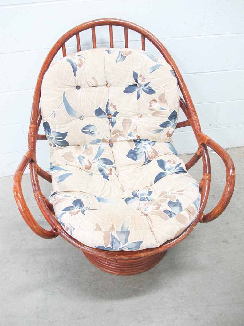 Bamboo Nest Pampasan Chair with Tan and Blue Cushion in Dark Stain image 9
