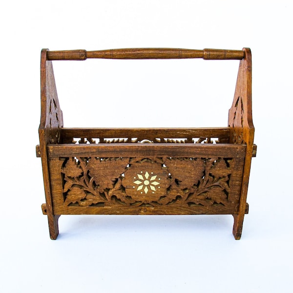 Hand Carved Teak or Rose Wood Magazine Rack with White Shell Inlay Design