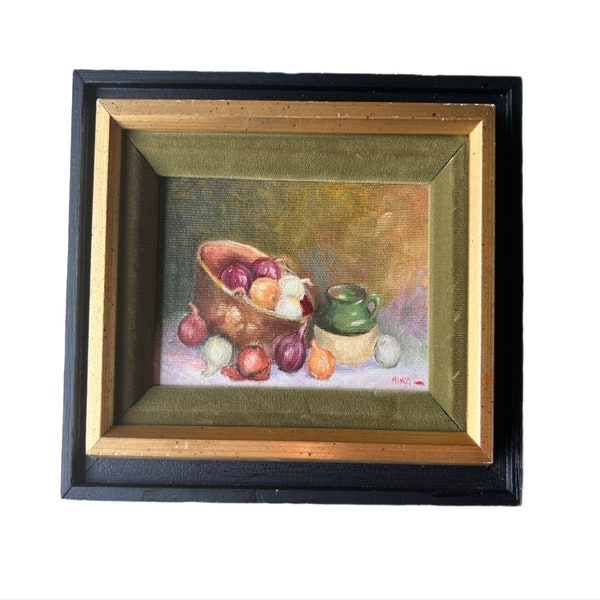 Framed Still Life Oil Painting Art Onions Ceramic Vessels vintage Signed Aiko