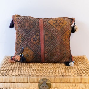 Kilim Pillow from Turkey with Glass Beads and Pom Poms image 1