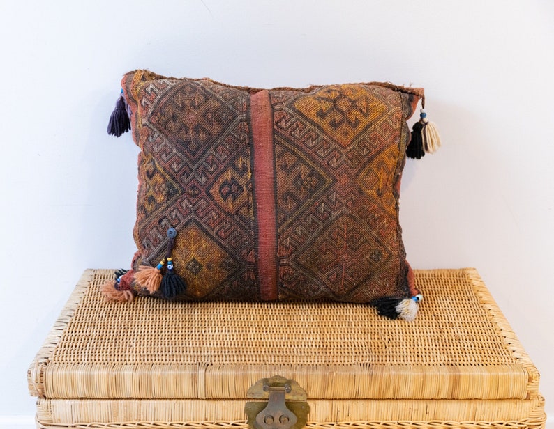 Kilim Pillow from Turkey with Glass Beads and Pom Poms image 1