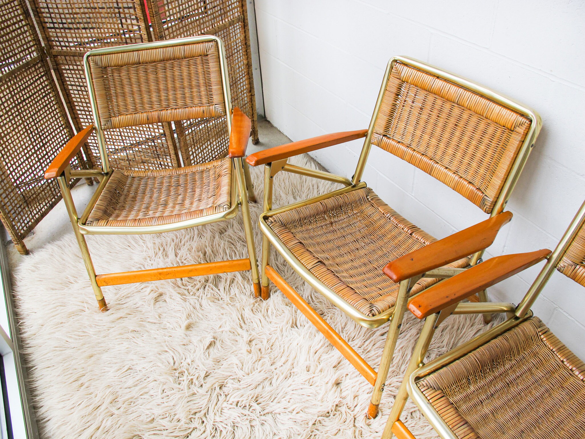 Vintage Telescope Folding Gold and Wicker with Wood Armrests Etsy