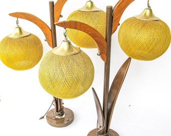 Midcentury Sculptural Fanned Walnut Lamp with Woven Shade (Sold Separately)