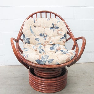 Bamboo Nest Pampasan Chair with Tan and Blue Cushion in Dark Stain image 2