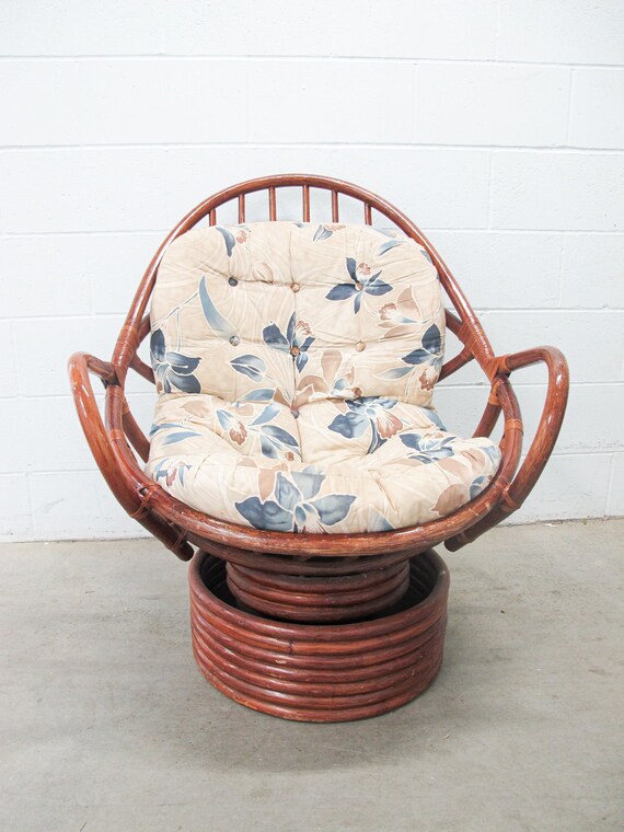 Bamboo Nest Pampasan Chair With Tan and Blue Cushion in Dark Stain