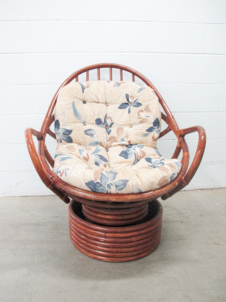 Bamboo Nest Pampasan Chair with Tan and Blue Cushion in Dark Stain image 2