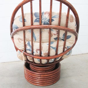 Bamboo Nest Pampasan Chair with Tan and Blue Cushion in Dark Stain image 4