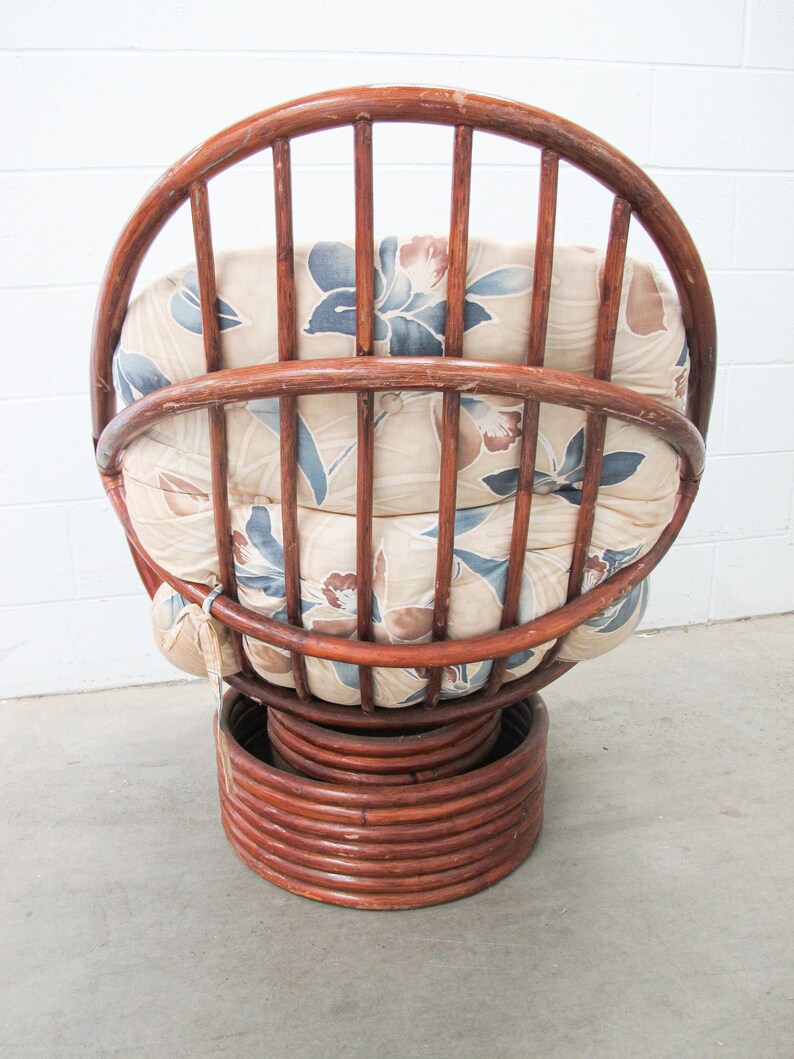 Bamboo Nest Pampasan Chair with Tan and Blue Cushion in Dark Stain image 4