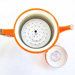 Midcentury Modern Orange Ombre Enamelware Metal Coffee Percolator with Wood Handle and Glass Top Accenting image 8