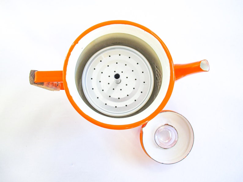 Midcentury Modern Orange Ombre Enamelware Metal Coffee Percolator with Wood Handle and Glass Top Accenting image 8