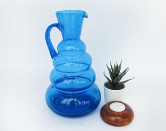 Wavy Blue Glass Serving Water Pitcher Vase