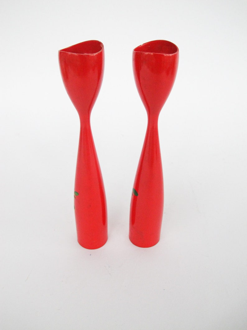 Set of 2 Midcentury Red Candlesticks with Floral painted detailing Marked Denmark image 9