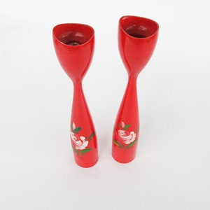 Set of 2 Midcentury Red Candlesticks with Floral painted detailing Marked Denmark image 2