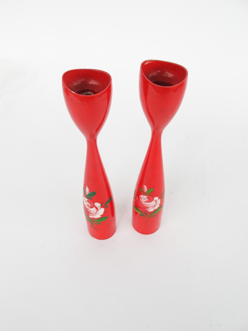 Set of 2 Midcentury Red Candlesticks with Floral painted detailing Marked Denmark image 2