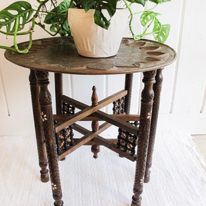 Mixed Metal Copper Top Tray Table with Folding Wood Legs with Inlay image 1