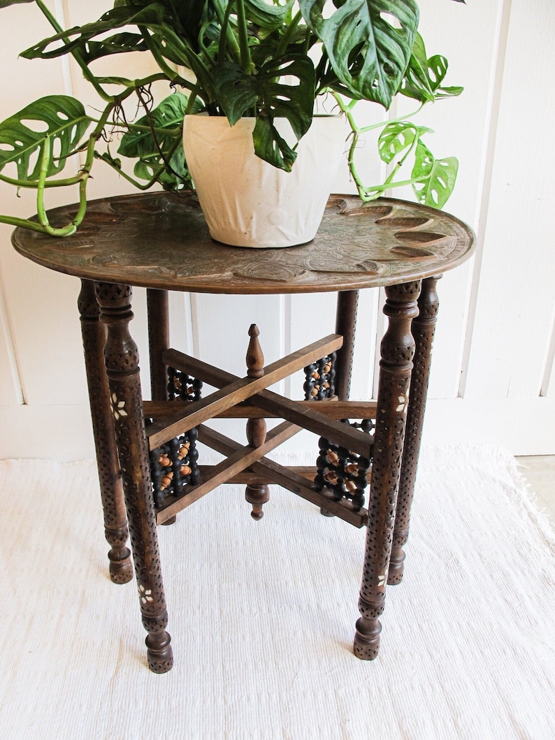 Mixed Metal Copper Top Tray Table with Folding Wood Legs with Inlay image 1