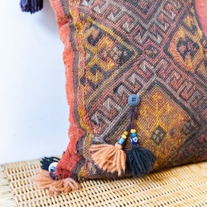 Kilim Pillow from Turkey with Glass Beads and Pom Poms image 2