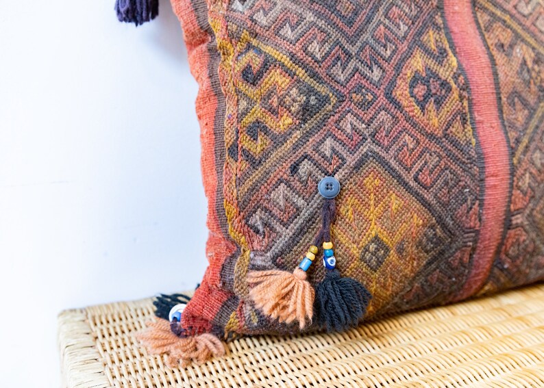 Kilim Pillow from Turkey with Glass Beads and Pom Poms image 2