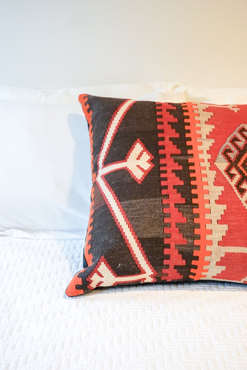 Extra Large Vintage Tribal Red and Faded Black Kilim Pillow