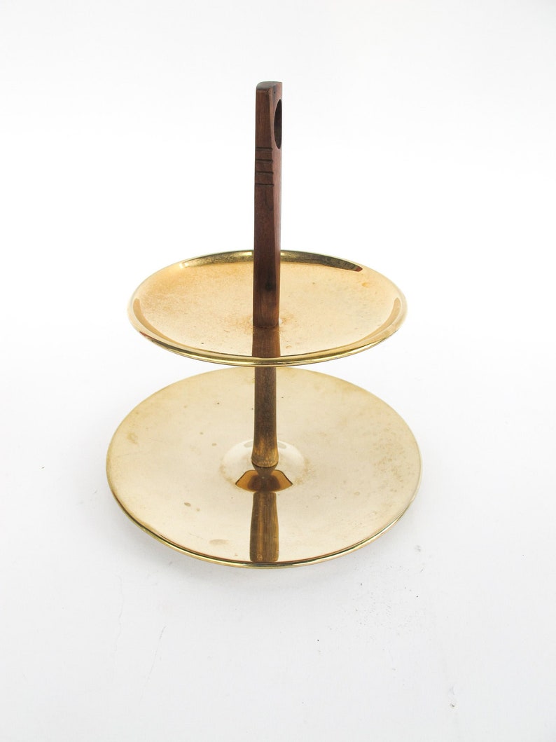 Midcentury Brass Two Tier Tray Serving Platter with Wood Handle image 6