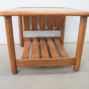 Vintage Oak End Table with Magazine Rack and Glass Top image 9