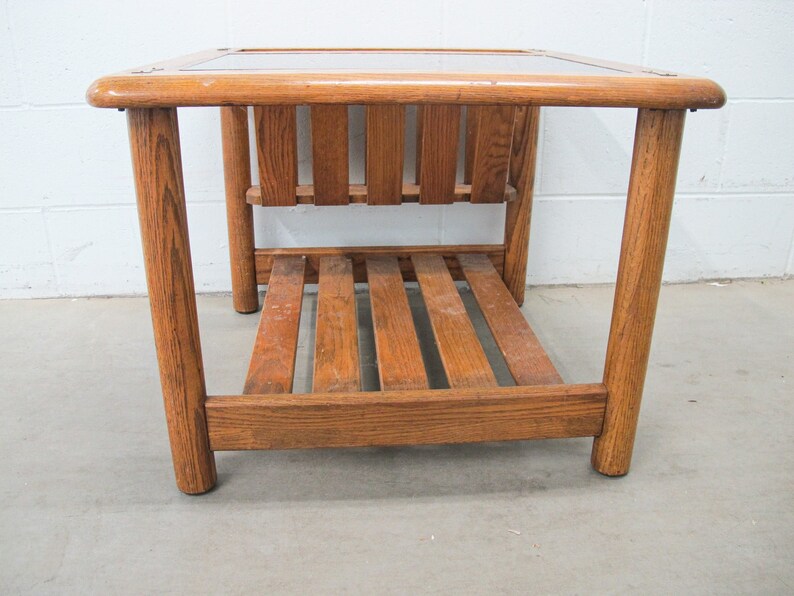 Vintage Oak End Table with Magazine Rack and Glass Top image 9